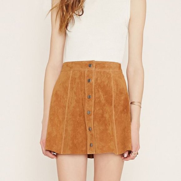 Brown Suede A-Line Buttoned Skirt - Picture 4 of 4